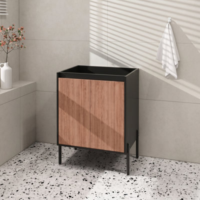 Meuble sous-vasque de salle de bain moderne de 76 cm (30 po), autoportant ou mural, avec portes doubles cannelées à fermeture douce et étagère réglable, pieds en aluminium (59,4 cm (23,4 po) de largeur x 45,5 cm (17,9 po) de profondeur, noyer et noir, sans lavabo)