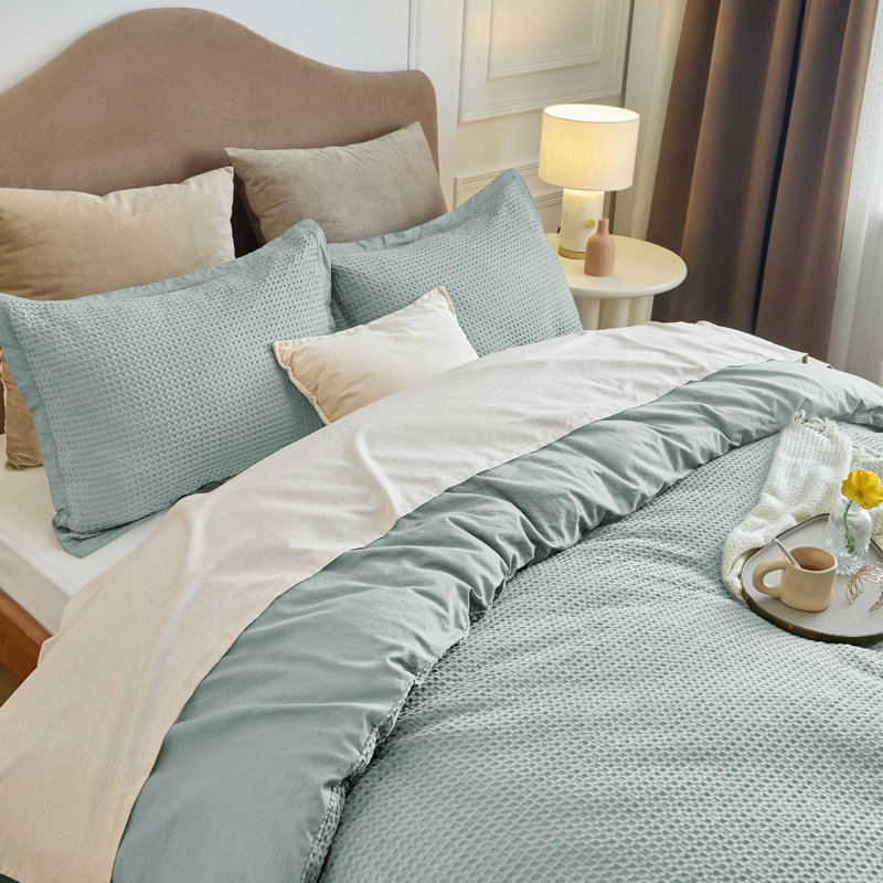 Essential Collection 100% Cotton Waffle Weave Duvet Cover Set, Light Blue, Queen Duvet Cover + 2 Standard Shams