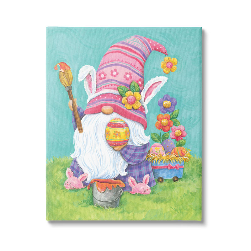 Gnome fantaisiste, peinture, œufs de Pâques, fleurs festives, giclée noire, art texturé par Diane Kater, Toile tendue