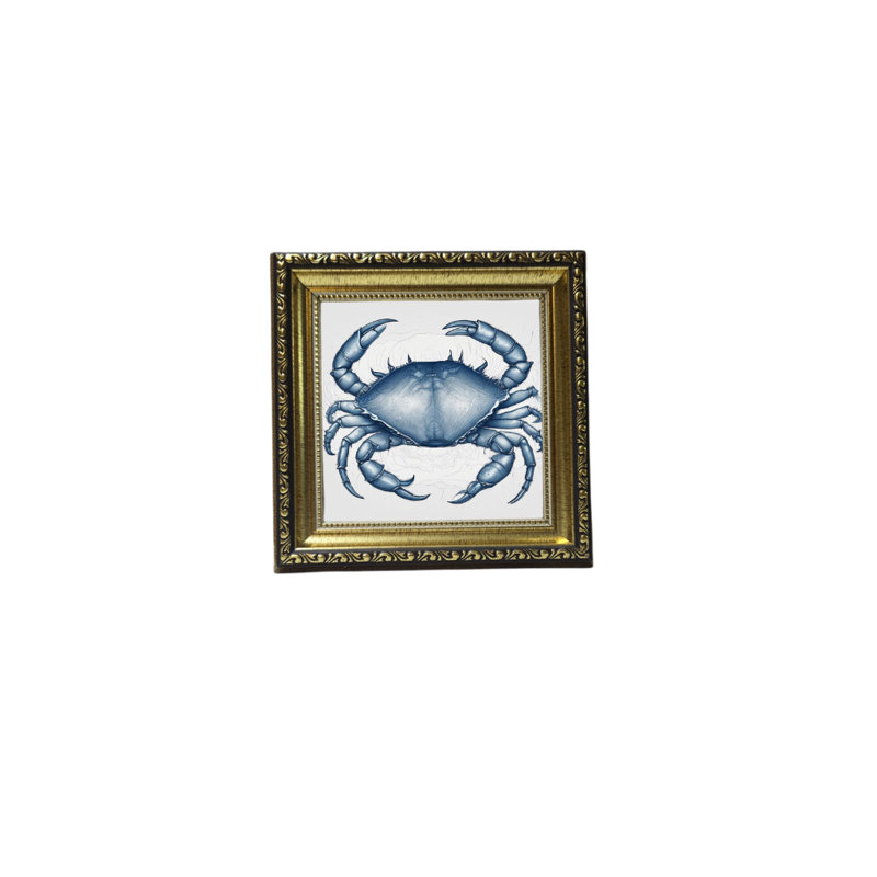 Art antique avec cadre doré crabe bleu 5, H 9 po x l 7 po