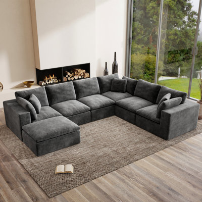 Kreyton 137" Cloud Compression Sectional Sofa, No-Assembly Sectional Couch, Grey Chenille