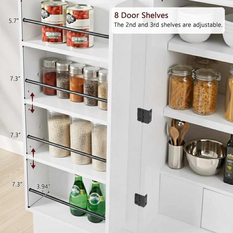 72" Tall Arched Kitchen Pantry Cabinet with 8 Door Shelves, Fluted Storage Cabinets with 3 Adjustable Shelves, Hidden Drawer, Versatile Cupboard for Kitchen, Dining & Bath Room