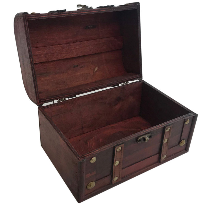 Wood and Leather Treasure Decorative Box with Lock And Lids