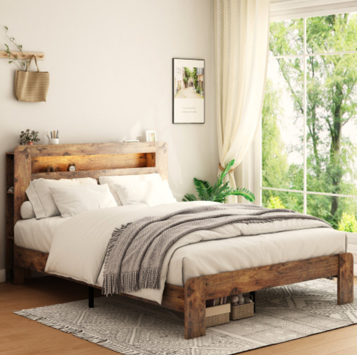 Bed Frame King Size, Wood Platform Bed Frame With Storage LED Light Headboard And 2 USB , Noise Free,No Box Spring Needed And Easy Assembly Tool,Large Under Bed Storage,Dark Brown