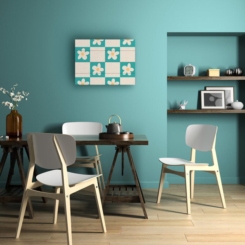 Rachel Hallquist Daisy Checks Aqua Wood Slat Art, H 12 po x l 16 po