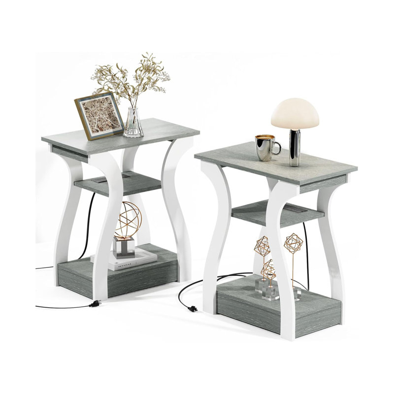 Gray and White Wood 3-Tier End Table Set with USB Charging Station