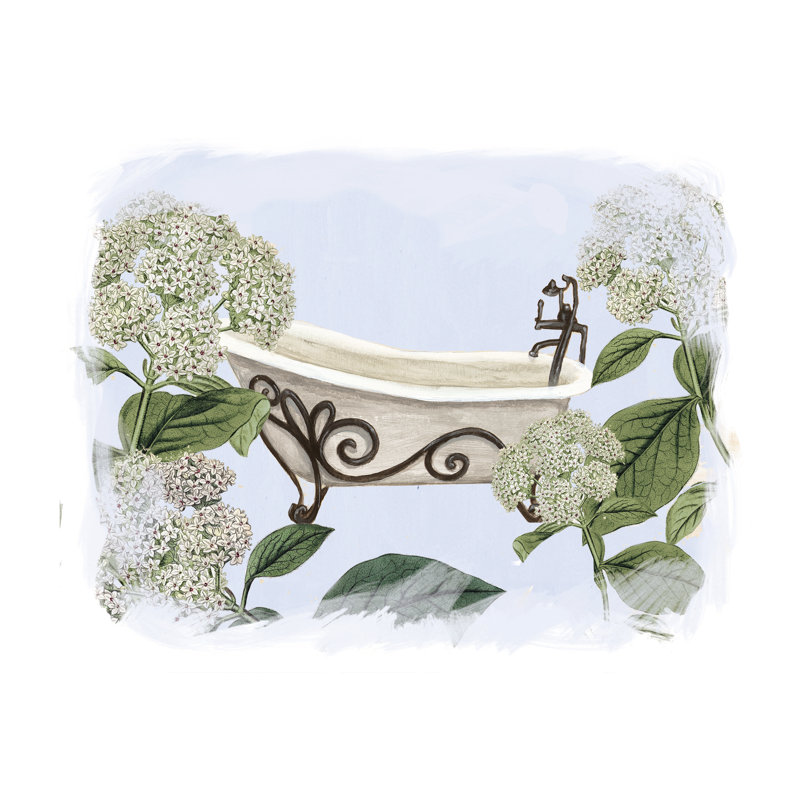 White Flower Bathtub - Painting on Canvas, 30 cm H x 46 cm W, Black Floater Framed