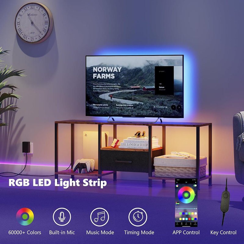 Meuble télé avec lumières DEL, centre de divertissement avec tablettes ouvertes et tiroir en tissu, console multimédia pour téléviseur de 55 po