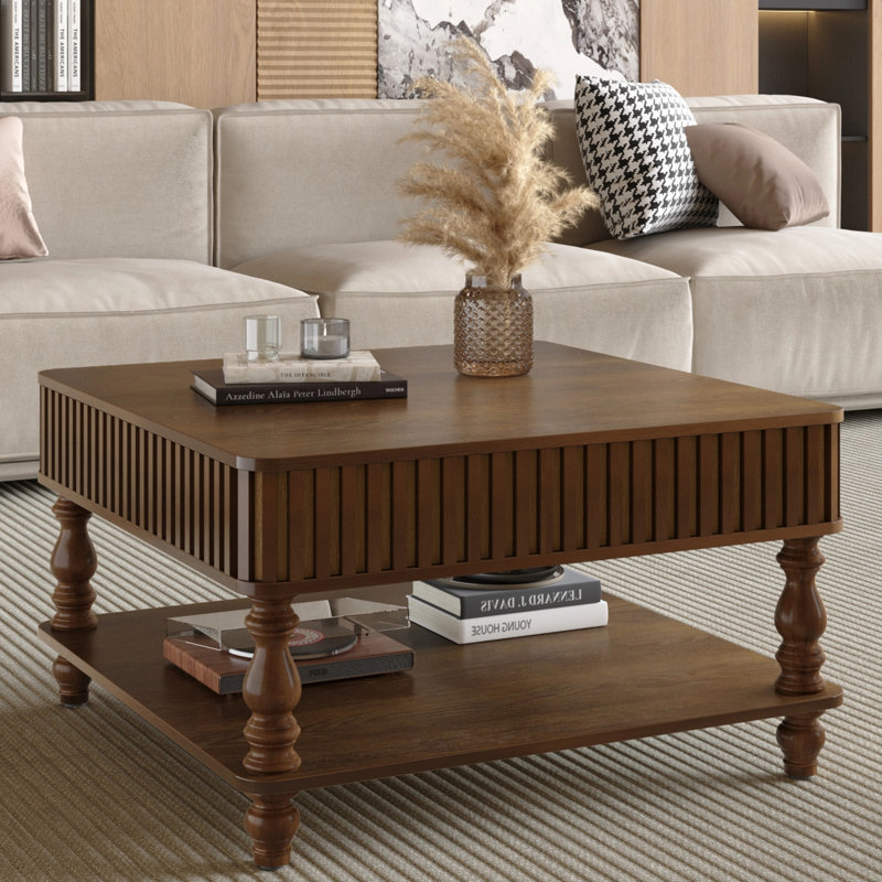 Table basse cannelée avec rangement, Bois naturel