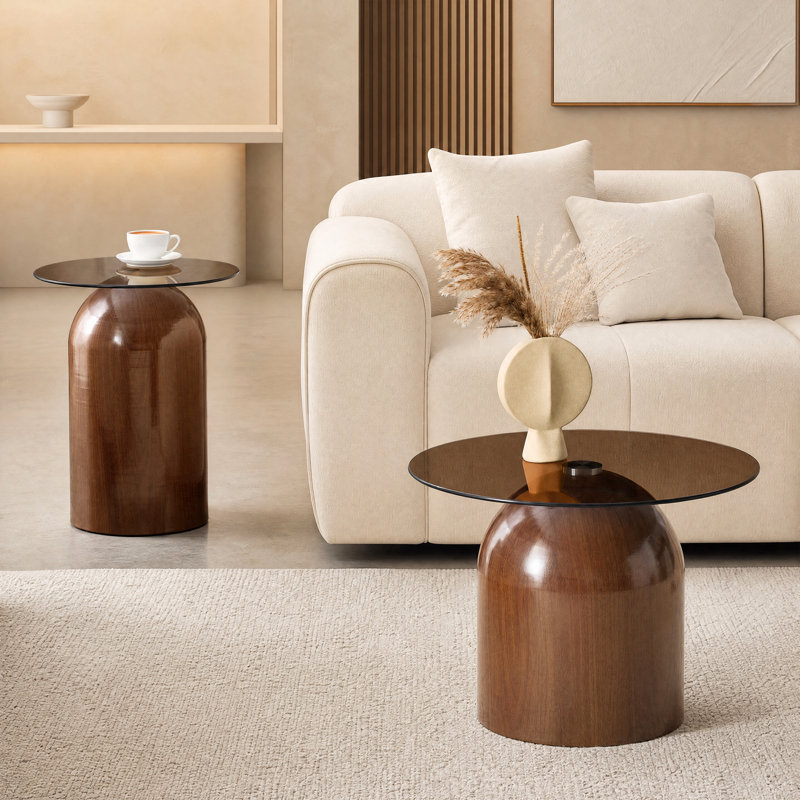 Glass Top Living Room Table Set, 2 PIeces: Side Table, Coffee Table, Brown
