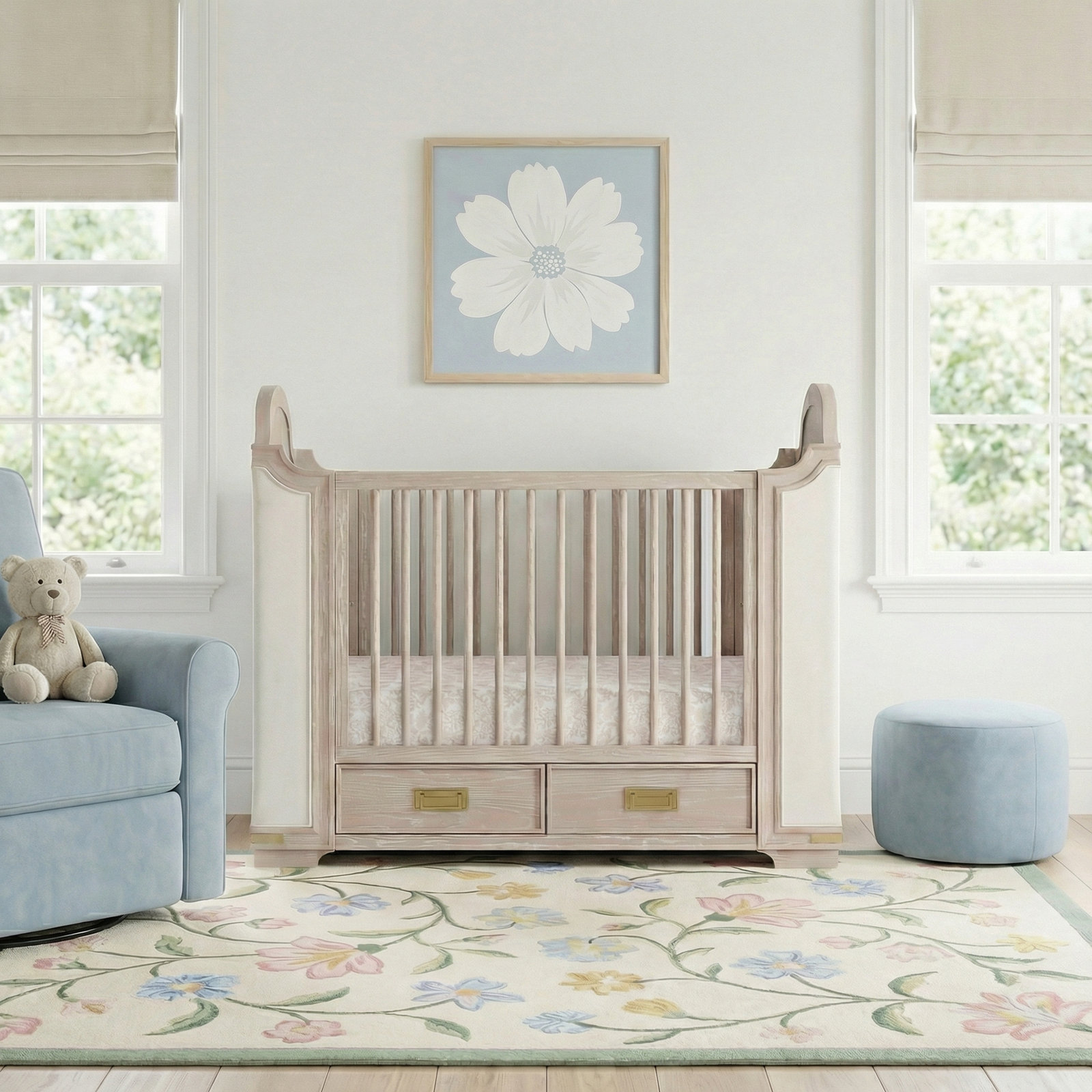 Paris 4-In-1 Convertible Crib With Underdrawer, Whitewash Ash With Lace