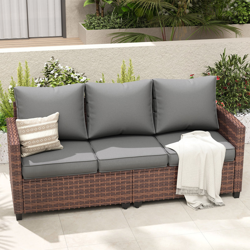 Vancamp 79" Wide Outdoor All-Weather Wicker Patio Sofa With Cushions, Gray Cushion/Brown Frame