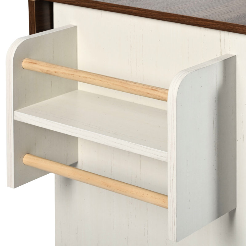 55.5 - Inch Kitchen Island, Drop Leaf, Barn Door, Spice Rack, Lockable Wheels, Dining Room And Island 55.5" With Charging Station, Ample Storage For Organization