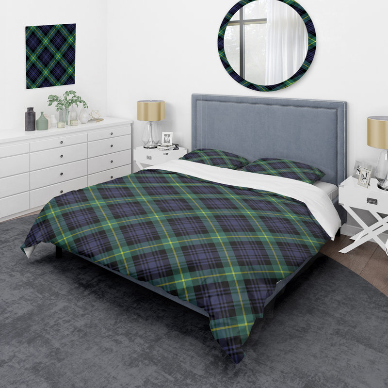 Tartan à carreaux bleu et vert - Ensemble de housse de couette abstrait - Microfibre de polyester