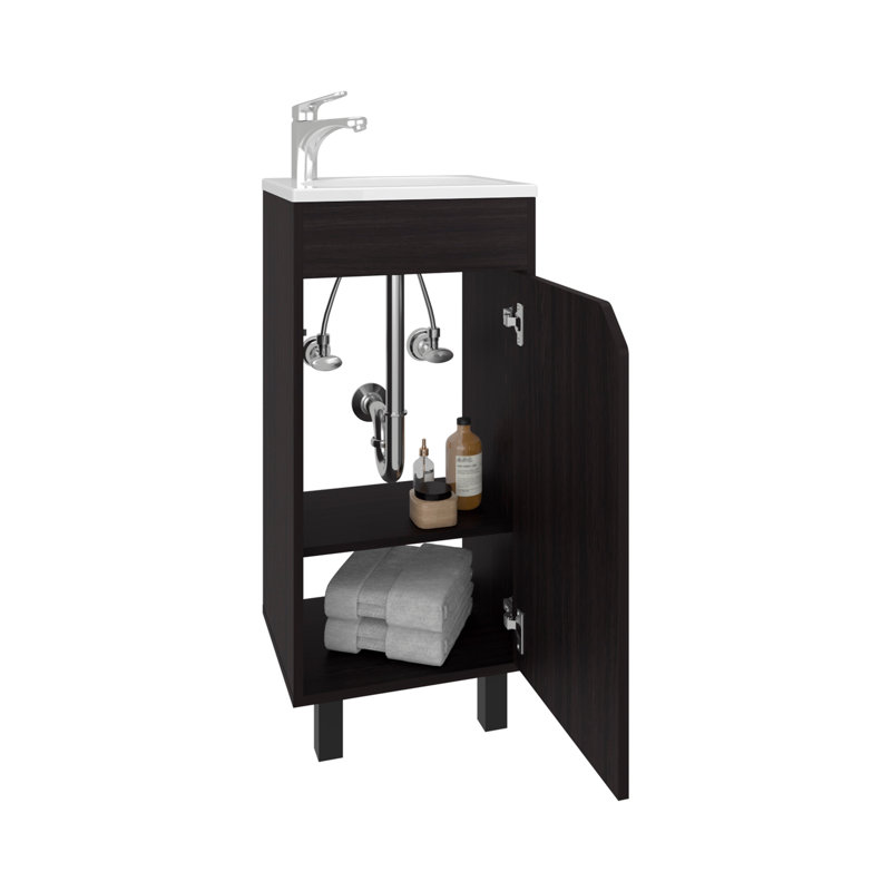 Bethel Wide One-Door Cabinet, Free Standing Vanity With Resin Sink And Two Shelves, Bathroom Storage, Black
