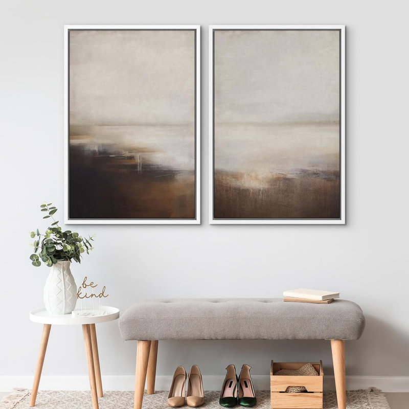 " Pastel White Swirl Pattern Collage Abstract Shapes " 2 - Pieces on Canvas, White Framed, 24'' H x 16'' W
