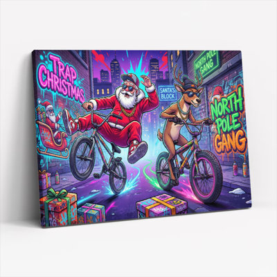 Tableau sur toile tendue représentant le père Noël et ses rennes à vélo, scène de Noël urbaine (lot de 1)