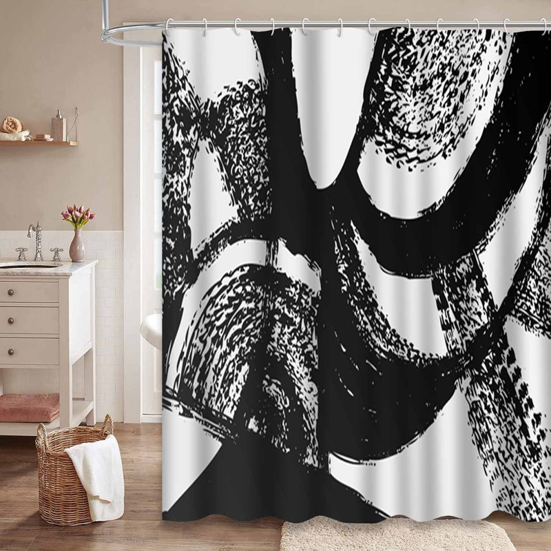 Rideau de douche noir à rayures abstraites à carreaux noirs avec 12 crochets, L 72 po x l 72 po