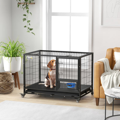 Caisse pour chien robuste avec porte-bol, cage en acier robuste avec roulettes, porte amovible, plateau ouvrable et plateau amovible pour chiens de taille moyenne et grande, noir