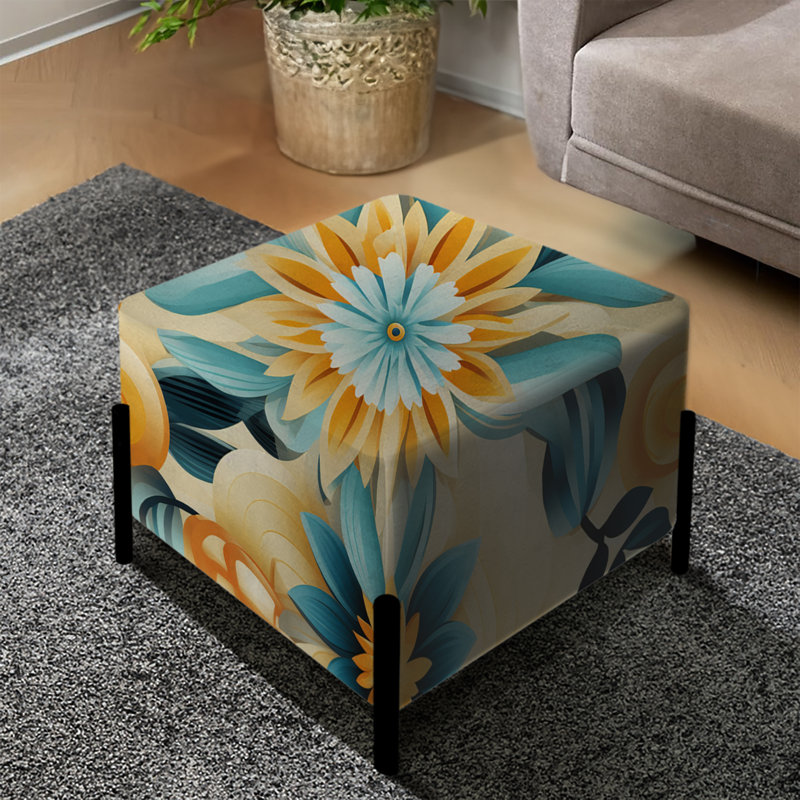 Kaléidoscope floral rétro bleu et beige - repose-pieds carré rétro