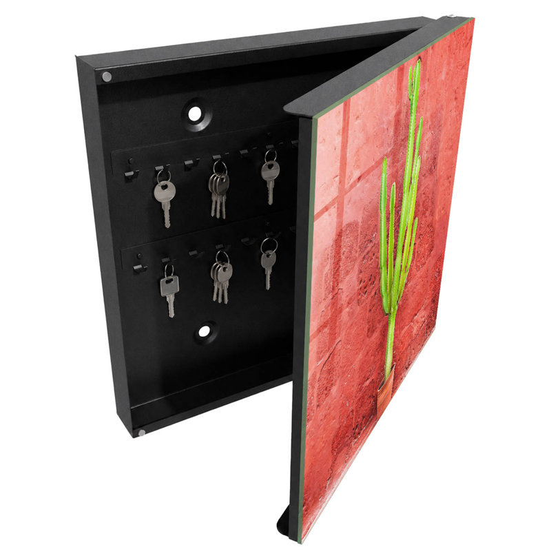 Key cabinet, Opens to the left, 30x30x5, Black, Green cactus on a red wall, 