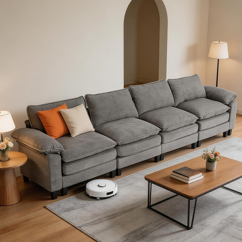 Canapé modulaire de 147 po avec housses en tissu chenille amovible, H 37,6 po x l 146,6 po x P 53 po, Gris chenille