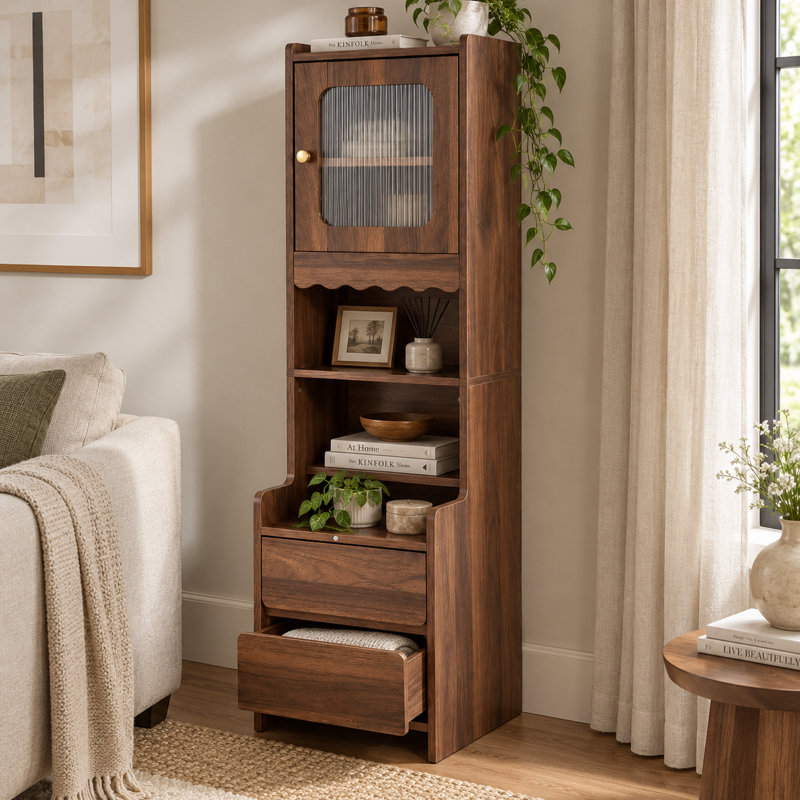 Armoire de rangement haute et étroite avec porte en verre cannelé, 2 tablettes ouvertes et 2 tiroirs, meuble de rangement autoportant en noyer