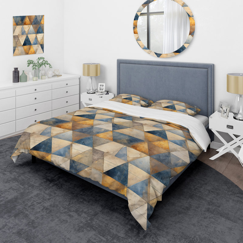 Natural Tones Grey And Beige Mosaic Geometric Shapes Duvet Cover, Twin Duvet Cover + 1 Standard Sham, Geometric Shapes 7