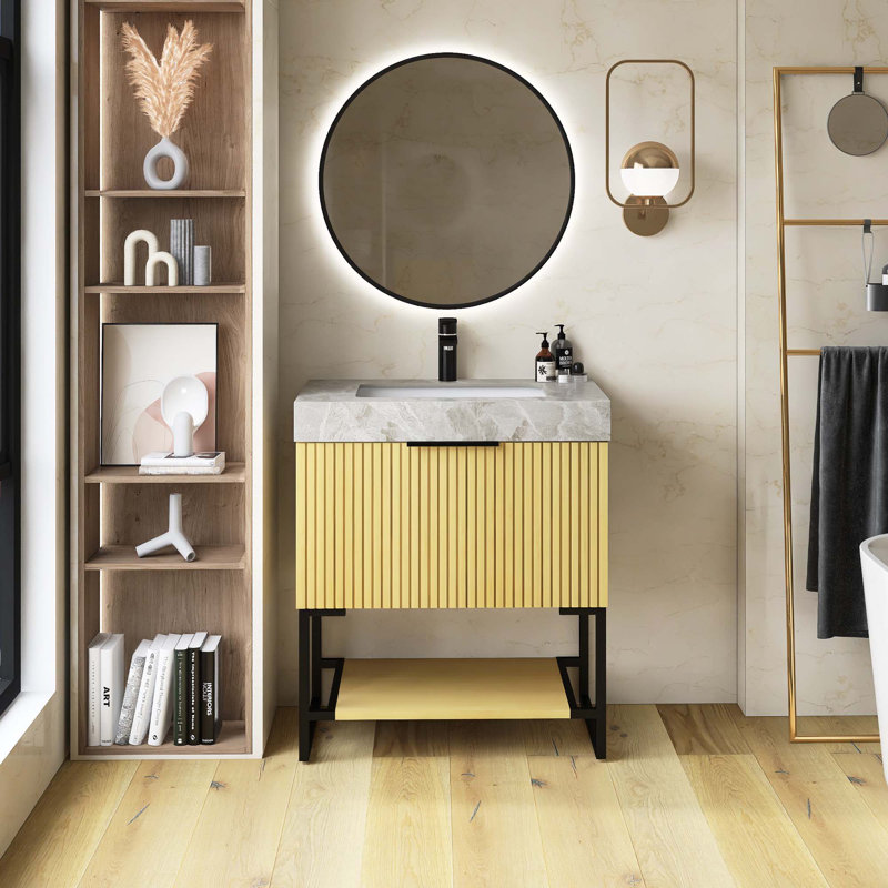 Meuble-lavabo autoportant en contreplaqué rayé pré-assemblé avec lavabo, tiroir et tablette ouverte, Doré, 30", Pierre grise