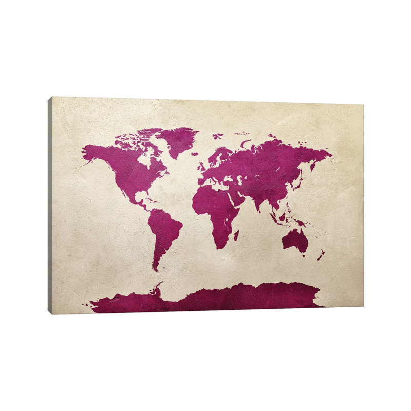 World Map Hot Pink by Michael Tompsett - 1 Piece Wrapped Canvas Wall Art, 66.04 cm H x 45.72 cm W x 3.175 cm D