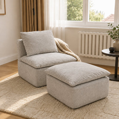 Ensemble fauteuil d'appoint et repose-pieds compressés, fauteuil moderne à assise profonde avec ressorts ensachés et coussin assorti, kaki clair