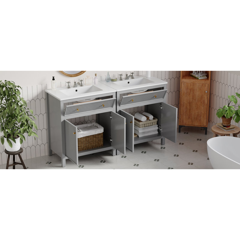 Meuble-lavabo autoportant élégant, bois massif et bois aggloméré, design moderne, parfait pour les salles de bain élégantes
