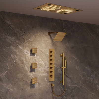  LED Bluetooth Thermostatic Shower System, Ceiling Mount Rainfall Shower Head with with Handheld Shower