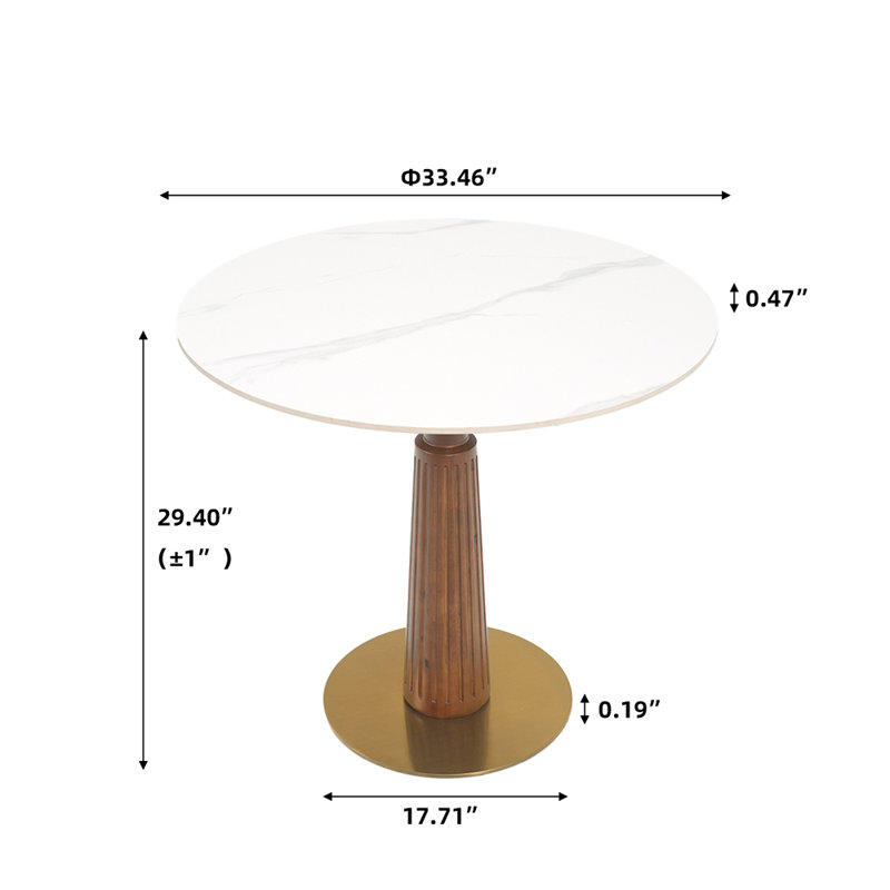 Table de salle à manger ronde moderne, table en pierre frittée de 33,5 po avec pieds en bois et base dorée, table de cuisine pour 2 personnes pour petit espace, capacité de poids de 150 lb (seulement la table de Négociation)