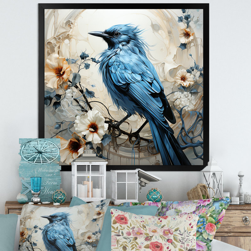Oiseau bleu fleurs minimalistes I - animaux, impressions murales FDP107160, H 16 po x l 16 po x P 1 po, Noir