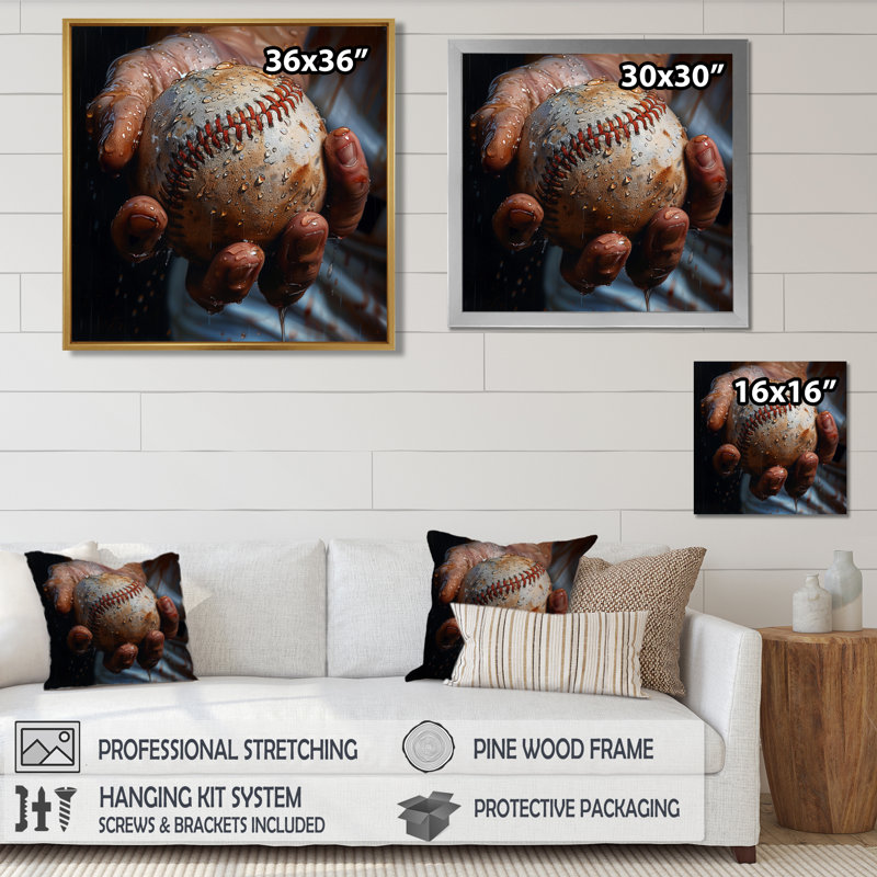 Baseball gros plan pendant le lancer - art mural de baseball sport, H 30 po x l 30 po x P 1 po, Toile avec cadre flottant or