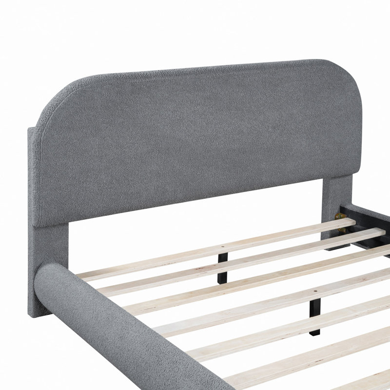 Lit plateforme en tissu d'ameublement Teddy, Gris, Lit double