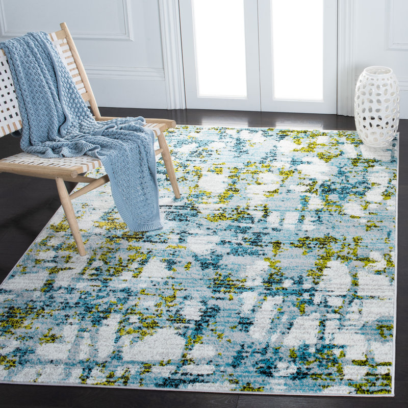 Tapis bleu sarcelle / vert / blanc Hollman, Rectangle 5 pi 1 po x 7 pi 6 po