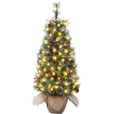 Paquet de 2 arbres de Noël artificiels enneigé avec 78 lumières DEL et base en toile de jute - Petite décoration de Noël pour table