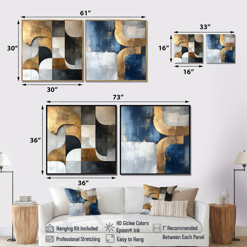 Motif géométrique bleu doré et gris «Pure Form I» - art mural vagues - ensemble d'art mural moderne 2 pièces, Brun