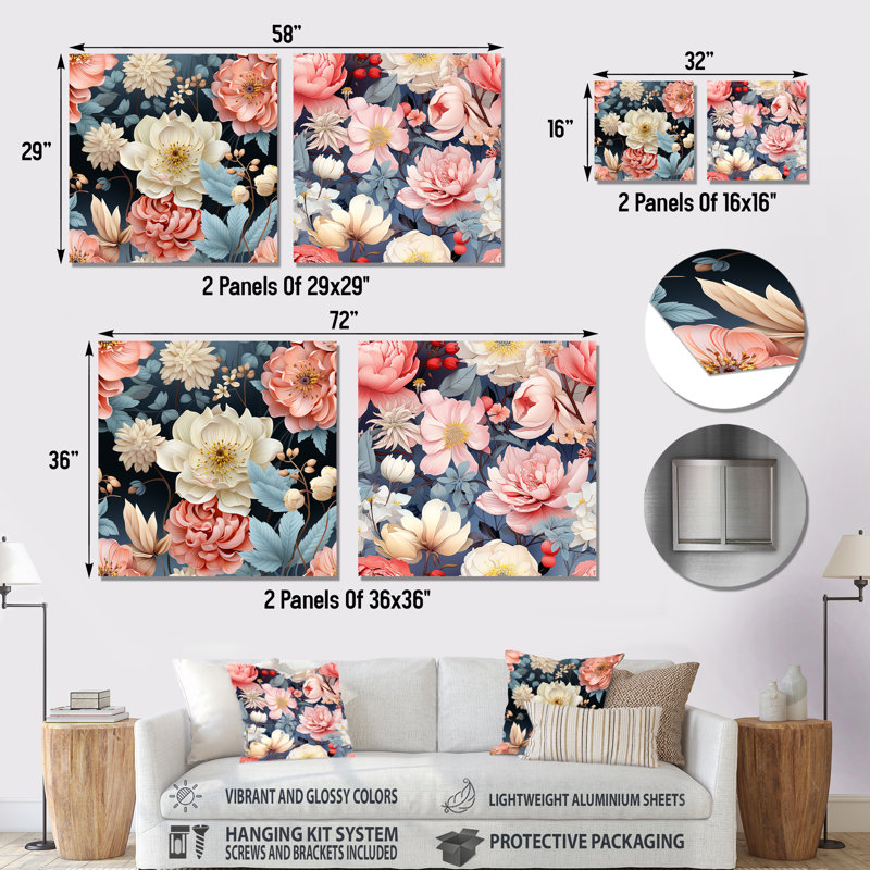 Crader - Ensemble de 2 carrés d'art floral en métal, H 23 po x l 46 po