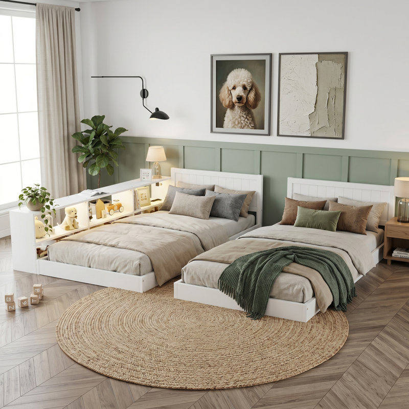 Base de lit convertible pour lit simple à très grand lit avec bibliothèque, lits de plancher à profil bas avec éclairage et station de charge