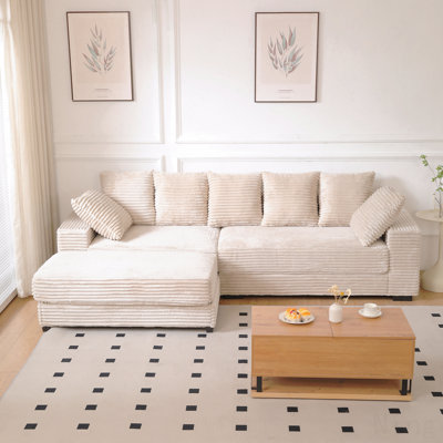 108.6" Sectional Sofa, Thickened Corduroy Sectional Couches For Living Room,Comfortable L-Shaped Chaise Sectional Sofa With Storage Ottoman,Eight Throw Pillows,Beige