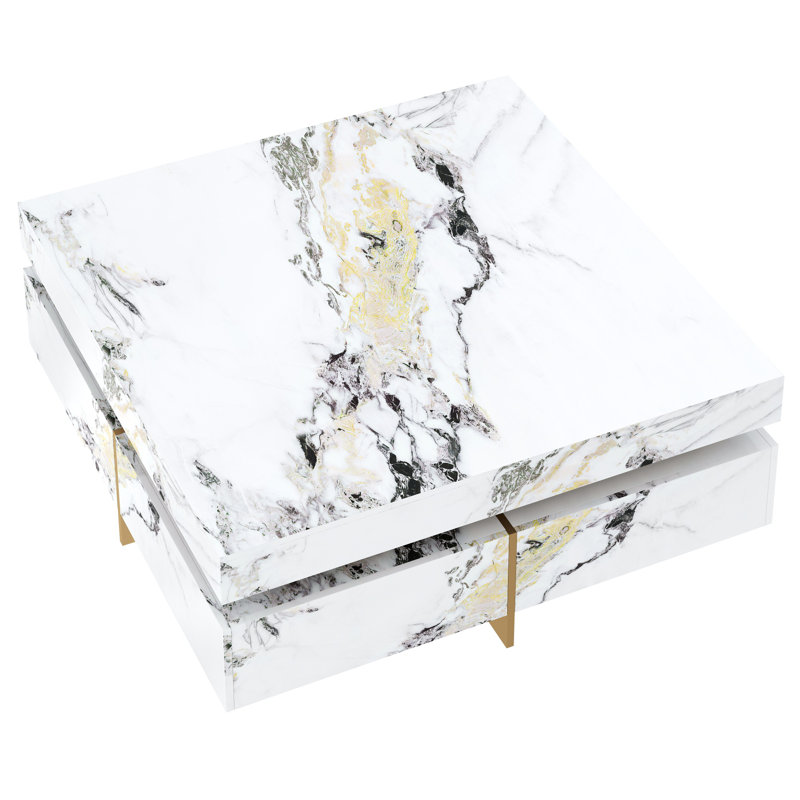 Modern Square Marble Textured Coffee Table With 4 Drawers And Suspended Base, White, 43.3"