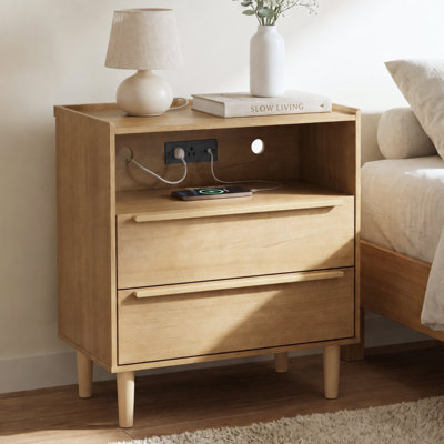 Modern 2-Drawer Nightstand with Built-in Charging Station and Open Shelf