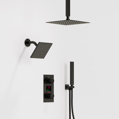 Digital Shower System with Pressure Balanced Valve, 12" Ceiling Mount Rainfall Dual Shower Head and Handheld Shower