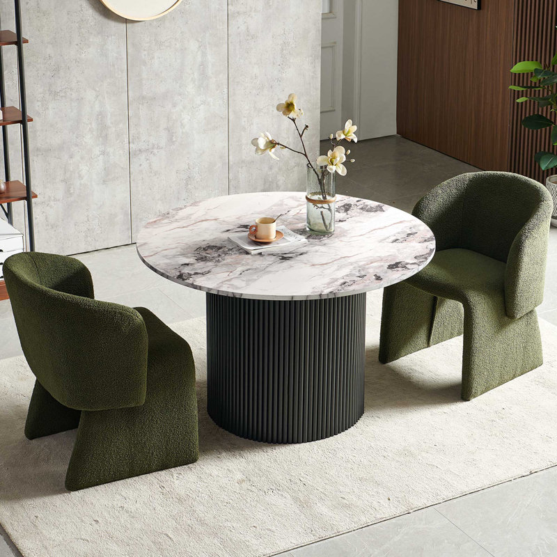3-Piece Dining Table Set, Wood Top, Faux Fur Armchairs, White Marble, Black, Green