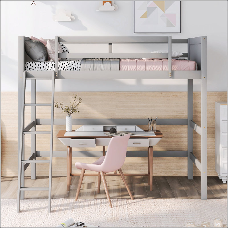 Lit mezzanine robuste en bois massif avec échelle, parfait pour économiser de l'espace et ajouter du style à votre chambre