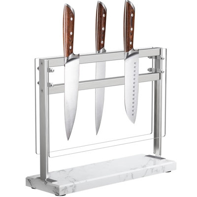 Magnetic Knife Block with Acrylic Shield, Marble Based Double Side Magnetic Knife Stand, Kitchen Magnetic Knife Holder, Knife Holders for Counter Top, (White)
