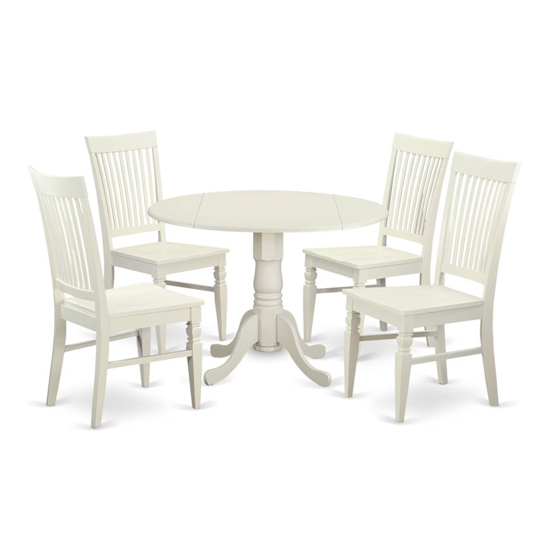 5 Piece Dining Table Set for 4 Includes a Round Kitchen Table with Dropleaf and 4 Dining Room Chairs, Linen White